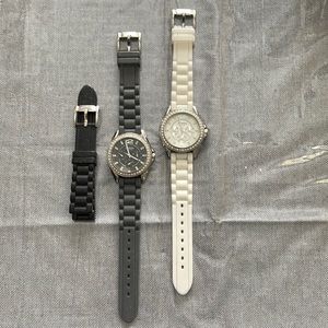 Two Fossil watches, w/white band, gray band, and additional black band.
